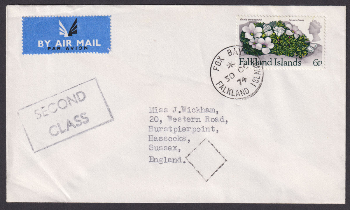 Falkland Islands 1974 QEII Flowers 6p Used on Airmail Cover to UK w FOX BAY Pmk