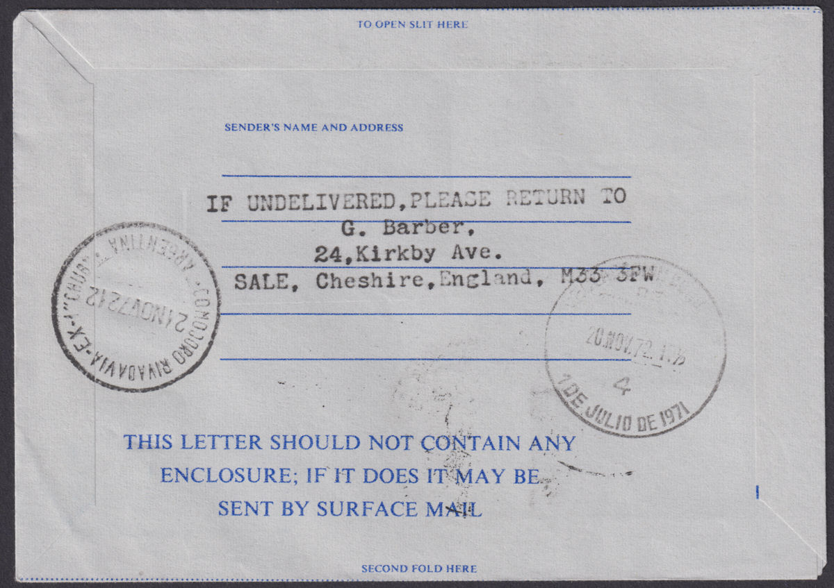 Falkland Islands 1972 QEII 1p Cover to Argentina w STANLEY TEMP AERODROME Pmk