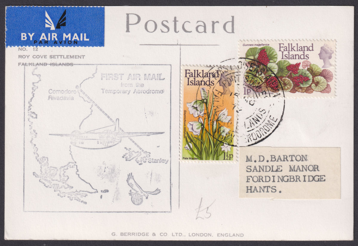 Falkland Islands 1972 QEII 1½p, 1p Postcard to UK w STANLEY TEMP AERODROME Pmk