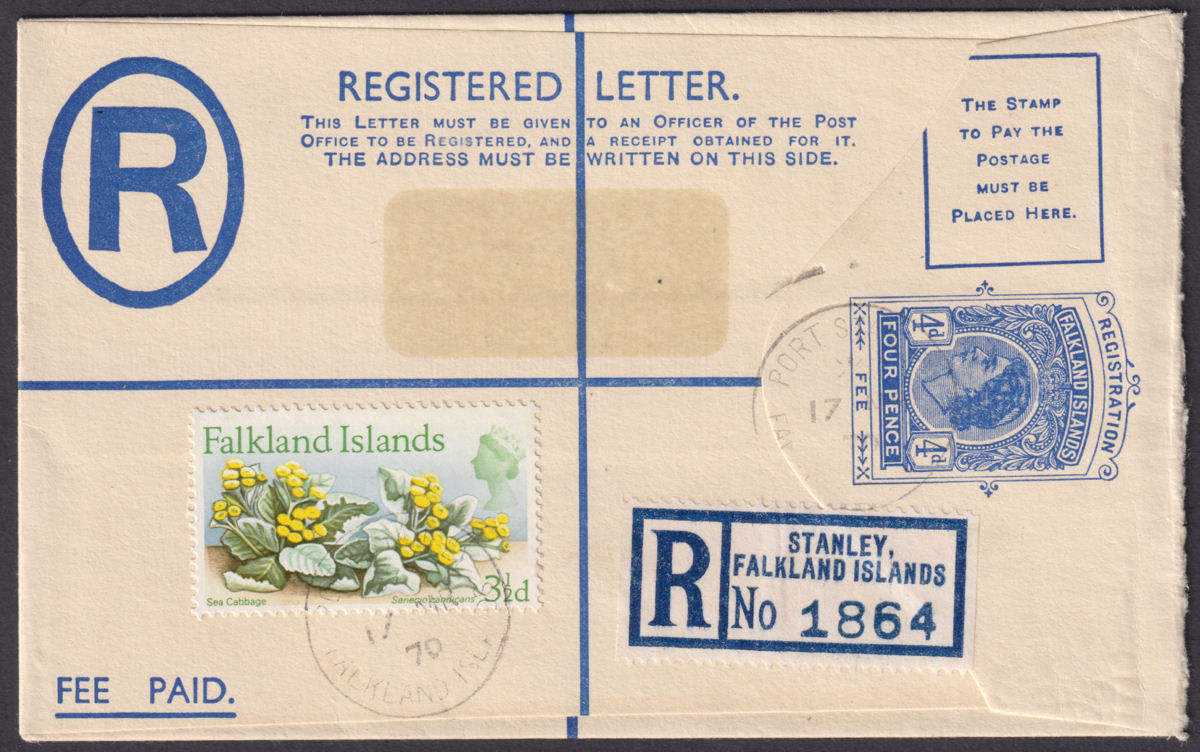Falkland Islands 1970 QEII 3½d Uprating 4d Postal Stationery Cover Used Stanley