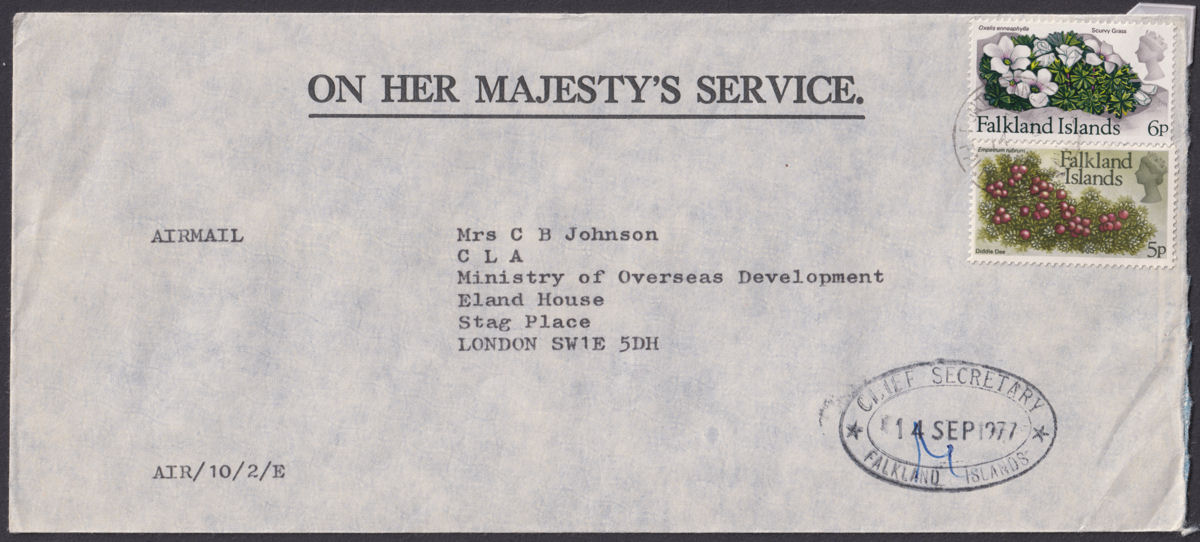 Falkland Islands 1977 QEII 6p, 5p Airmail OHMS Cover w Chief Secretary Cachet