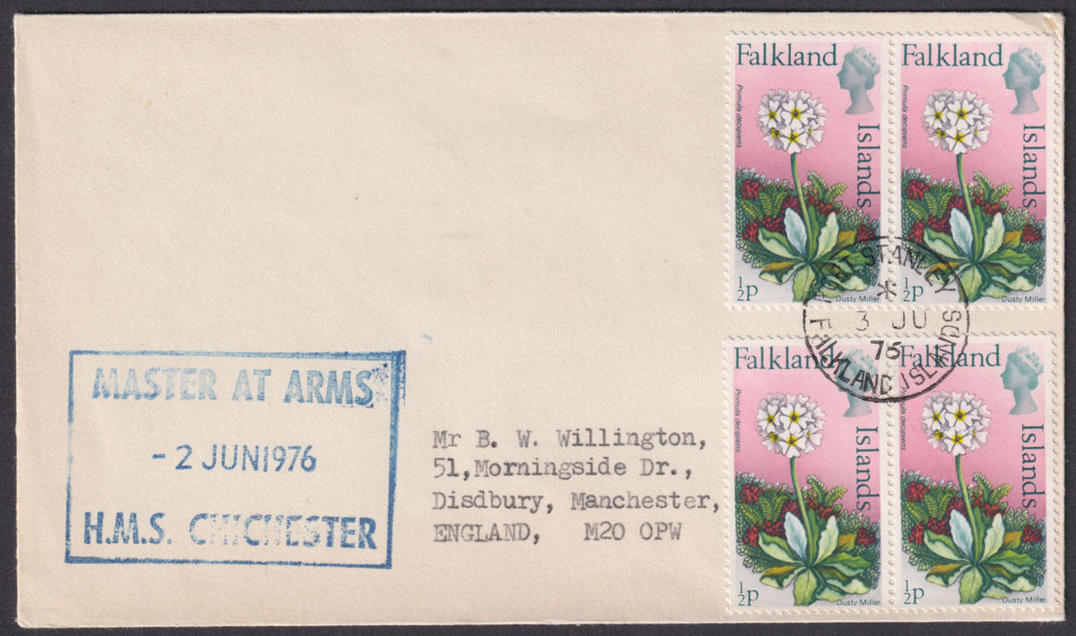 Falkland Islands 1976 QEII ½p x 4 Used on Cover to UK w HMS CHICHESTER Cachet
