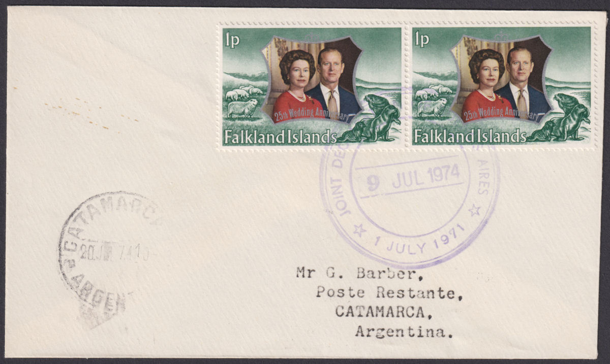 Falkland Islands 1974 QEII 1p x2 Cover to Argentina w JOINT DECLARATION Cachet