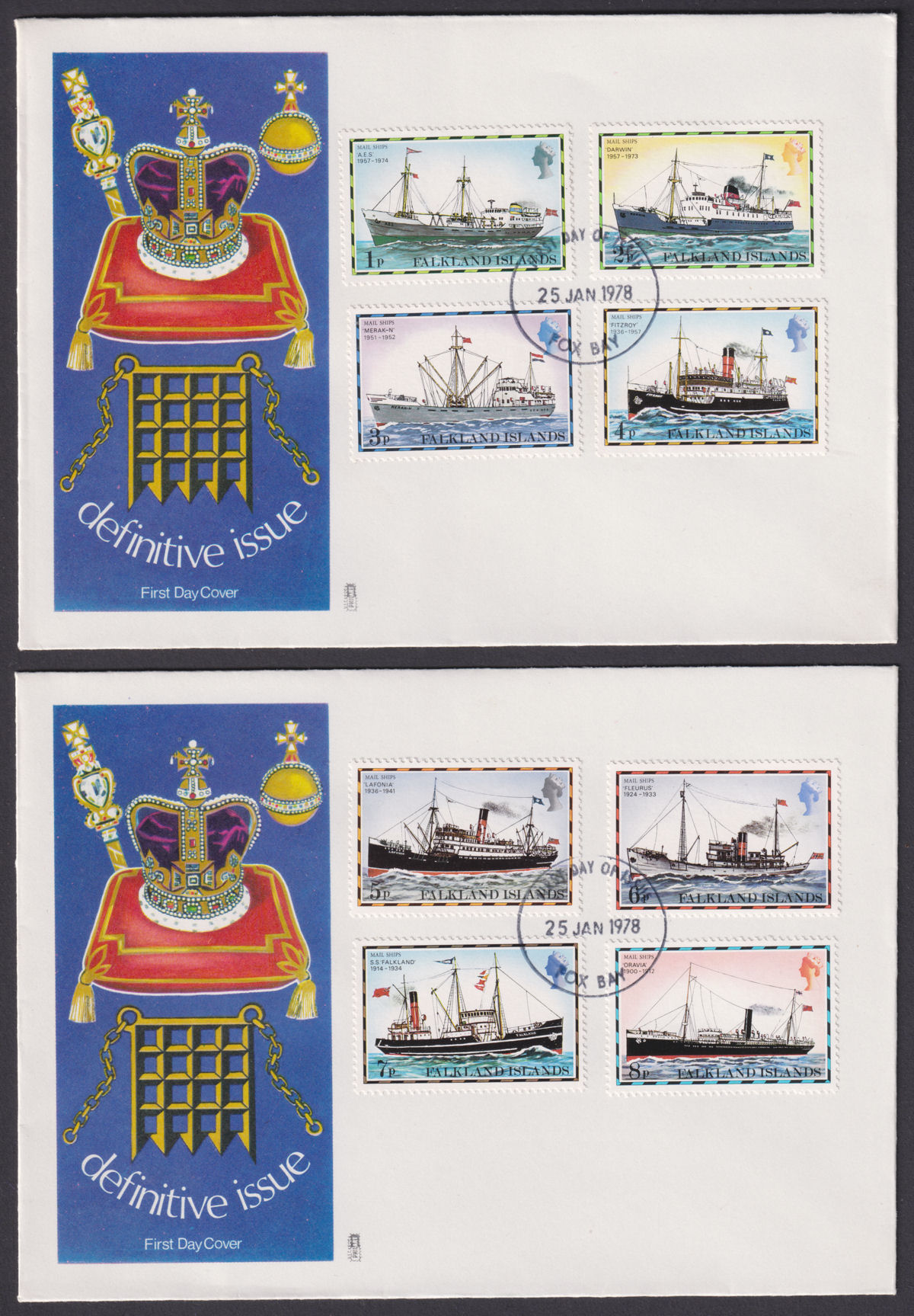 Falkland Islands 1978 Mail Ships Set of 4 First Day Covers - FOX BAY Postmarks