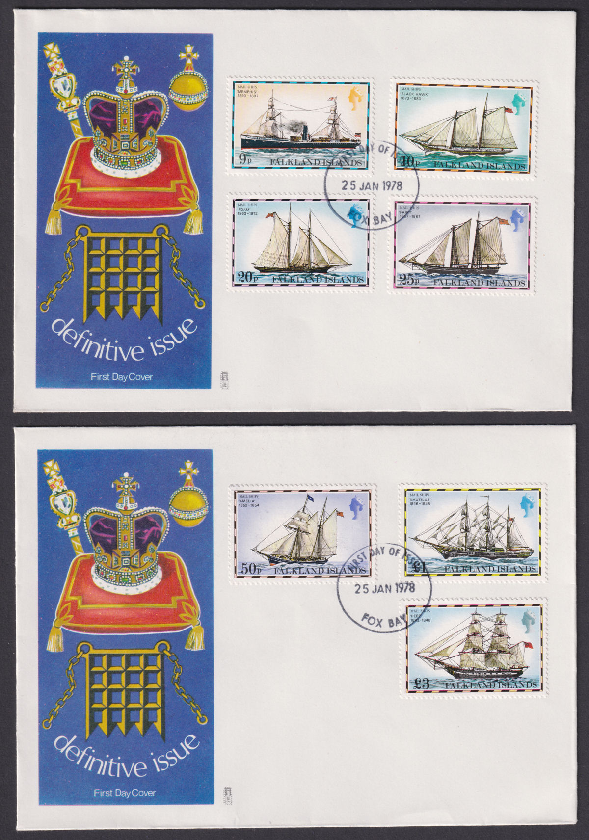 Falkland Islands 1978 Mail Ships Set of 4 First Day Covers - FOX BAY Postmarks