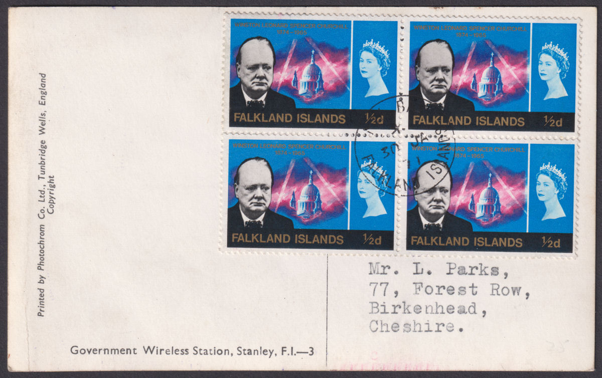 Falkland Islands 1971 QEII Churchill ½d x4 Used Postcard to UK FOX BAY Postmark