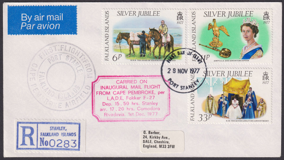 Falkland Islands 1977 QEII Jubilee Pembroke First Flight Regd First Day Cover