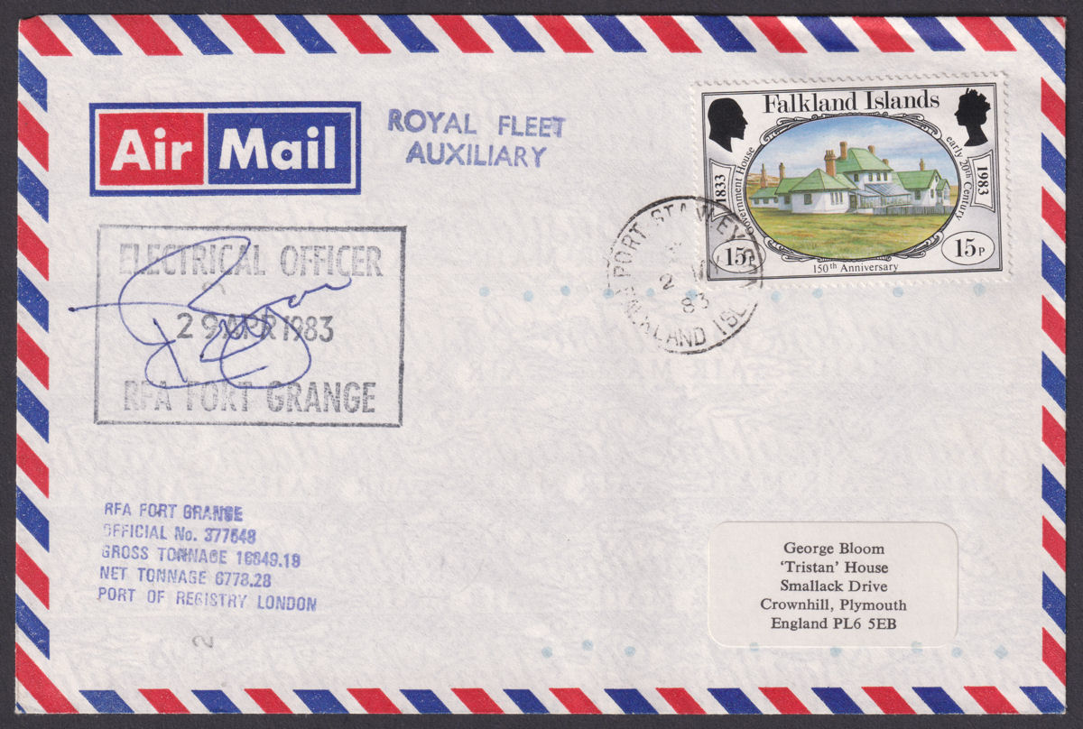 Falkland Islands 1983 QEII 15p Used on Airmail Cover to UK - RFA FORT GRANGE