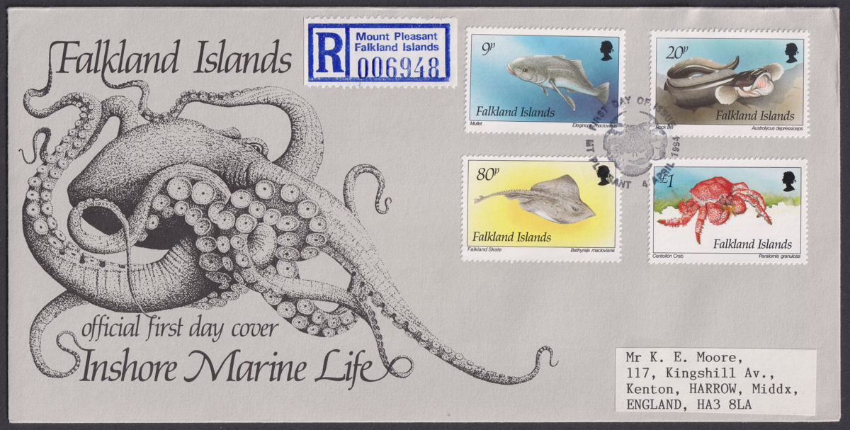 Falkland Islands 1994 QEII Marine Life Regd First Day Covers - Mount Pleasant