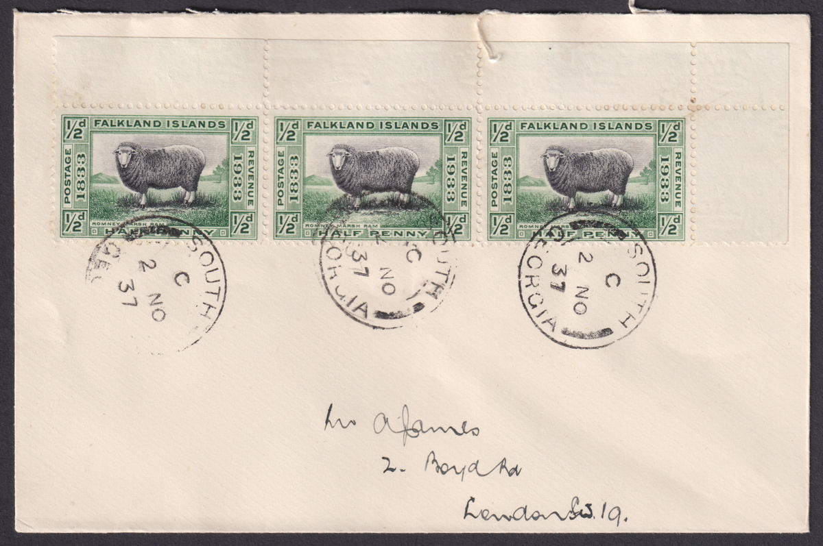 Falkland Islands 1937 KGV Centenary ½d x 3 Used Cover SOUTH GEORGIA Pmk SG Z54