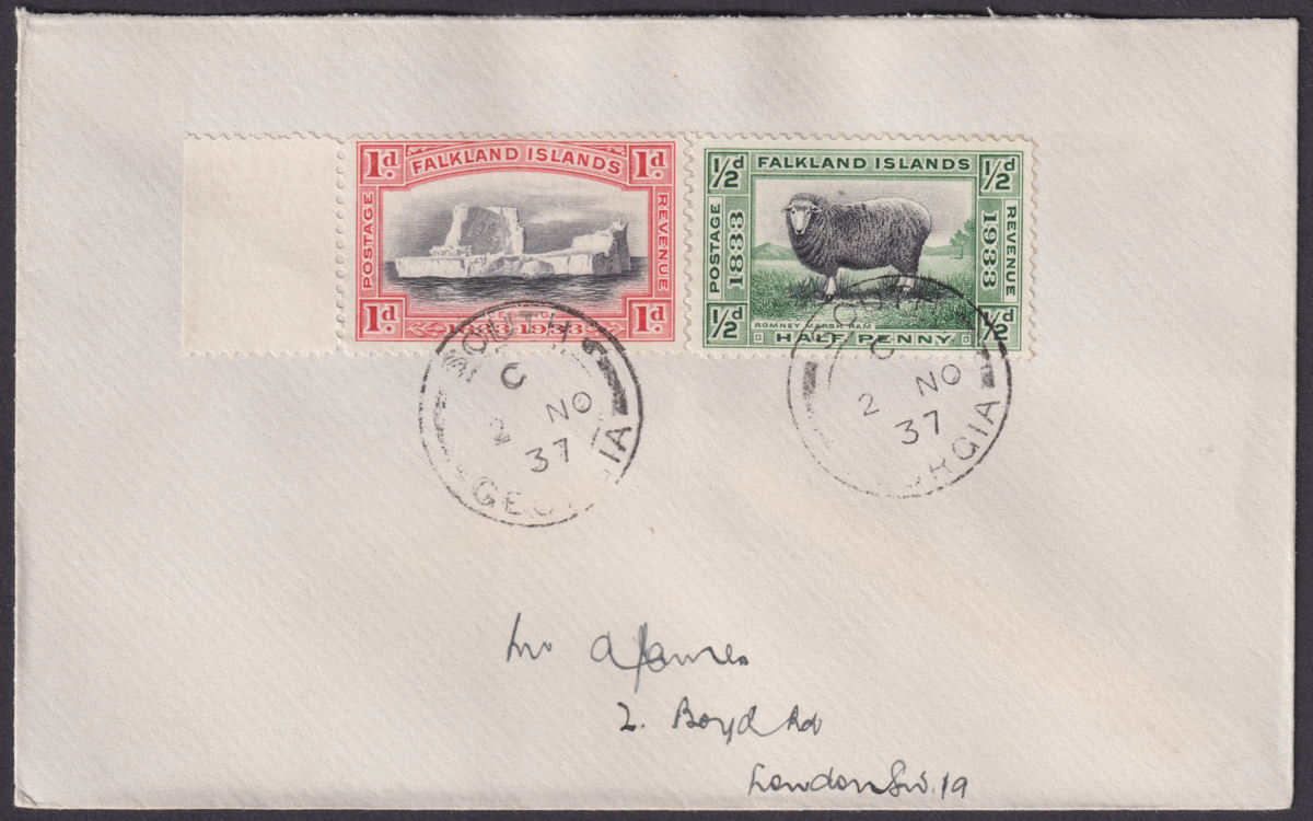 Falkland Islands 1937 KGV Centenary 1d ½d Used Cover SOUTH GEORGIA Pmk SG Z54-55