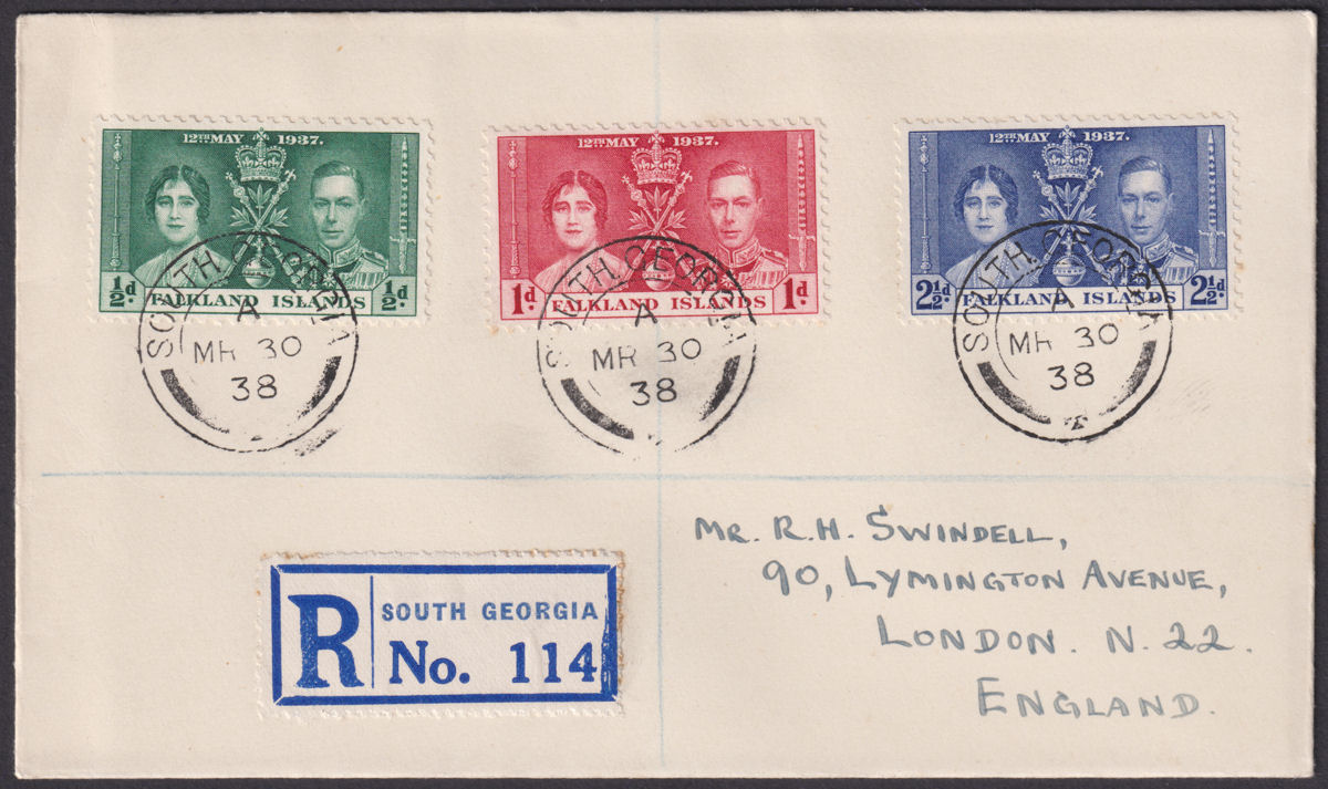Falkland Islands 1938 KGVI Coronation Registered Cover SOUTH GEORGIA SG Z70-Z72