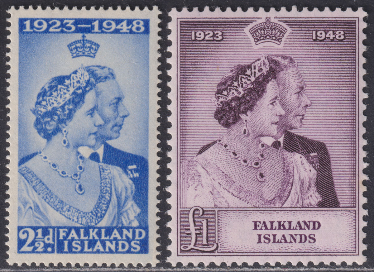 Falkland Islands 1948 KGVI Royal Silver Wedding 2½d £1 Mint SG166-167 cat £90