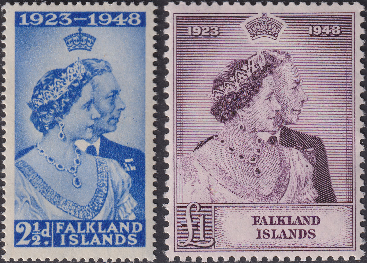 Falkland Islands 1948 KGVI Royal Silver Wedding 2½d £1 Mint SG166-167 cat £90