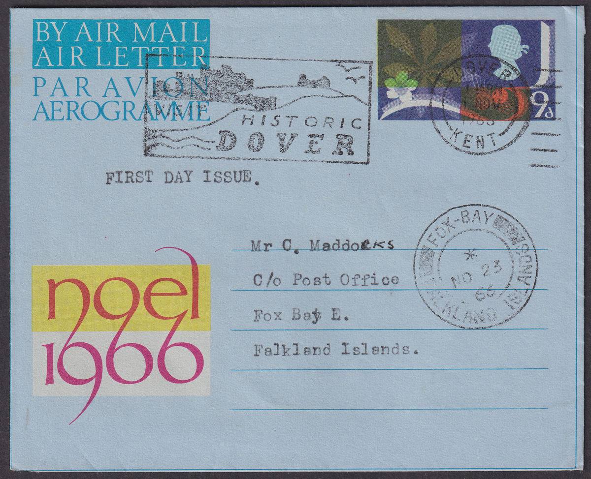 Falkland Islands 1966 QEII Incoming GB 9d Postal Stat Air Letter Used to FOX BAY