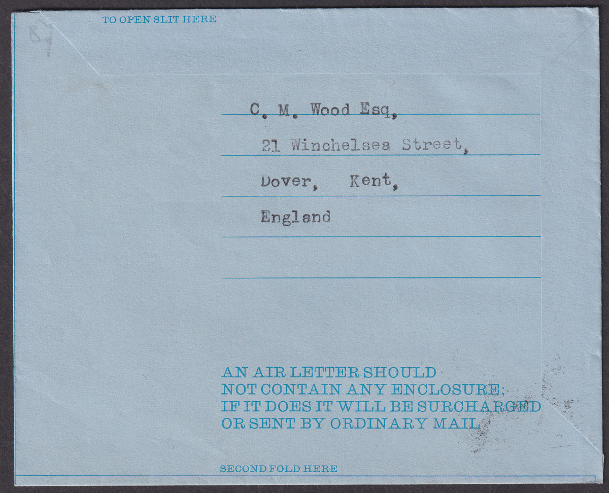 Falkland Islands 1966 QEII Incoming GB 9d Postal Stat Air Letter Used to FOX BAY