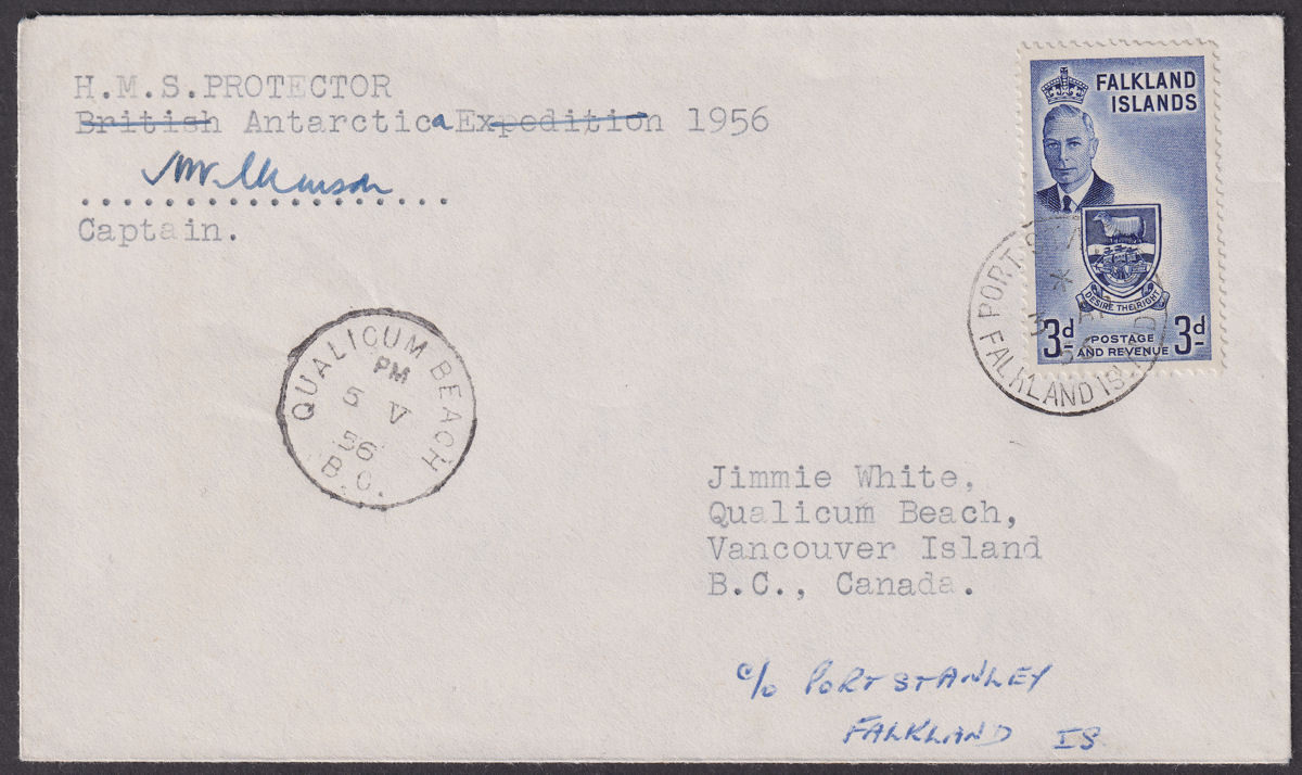 Falkland Islands 1956 KGVI 3d Used on Cover to Canada - HMS PROTECTOR (Signed)