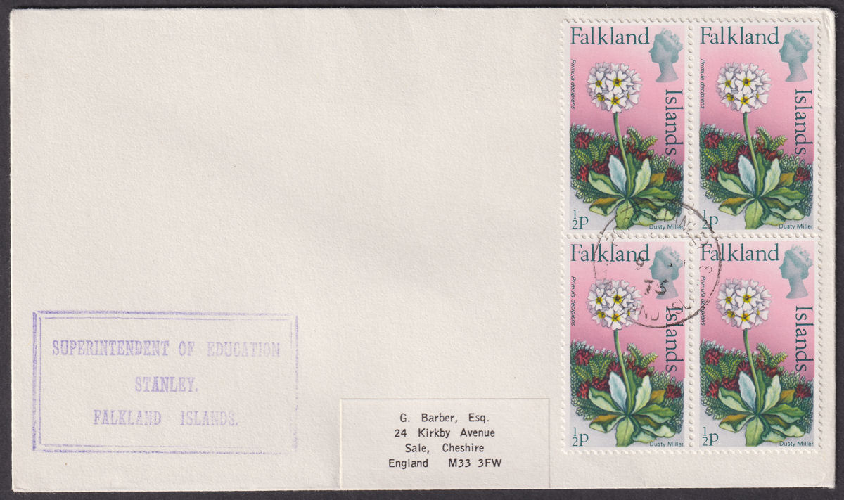 Falkland Islands 1976 QEII ½p x4 Used Cover - Superintendent of Education Cachet