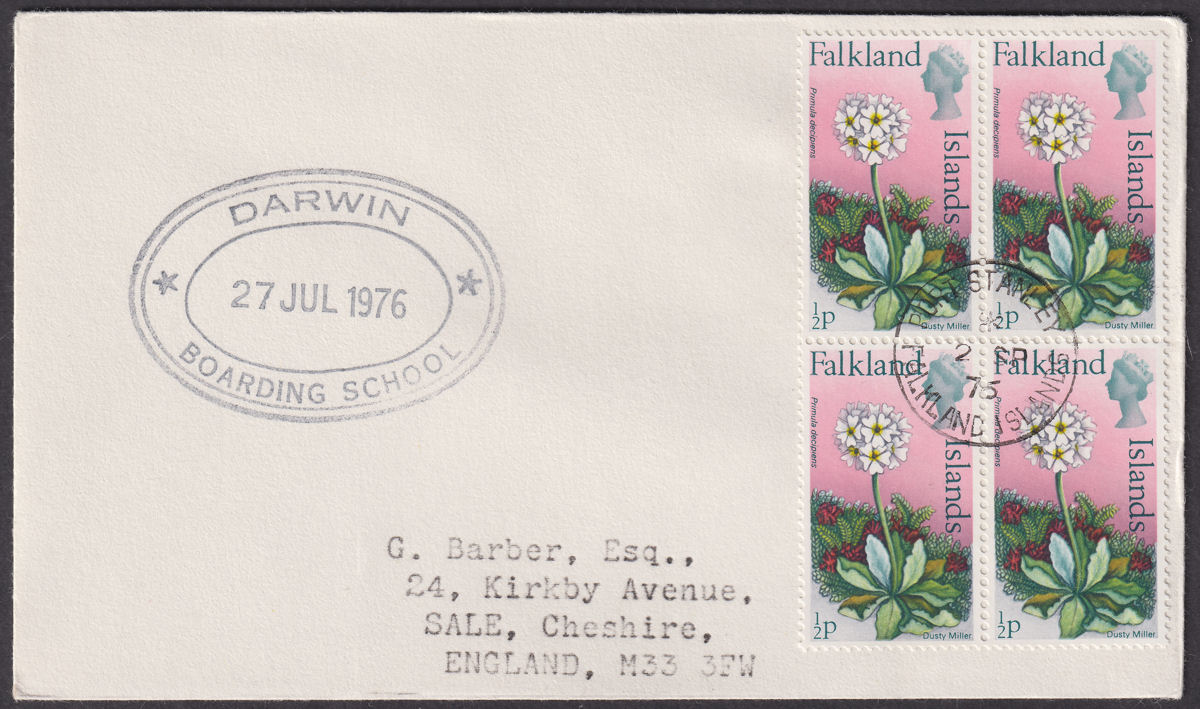 Falkland Islands 1976 QEII ½p x 4 Used on Cover - Darwin Boarding School Cachet