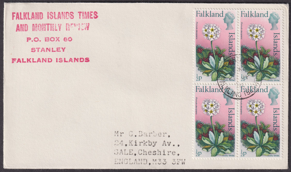 Falkland Islands 1976 QEII ½p x 4 Used on Cover to UK - Falkland Islands Times