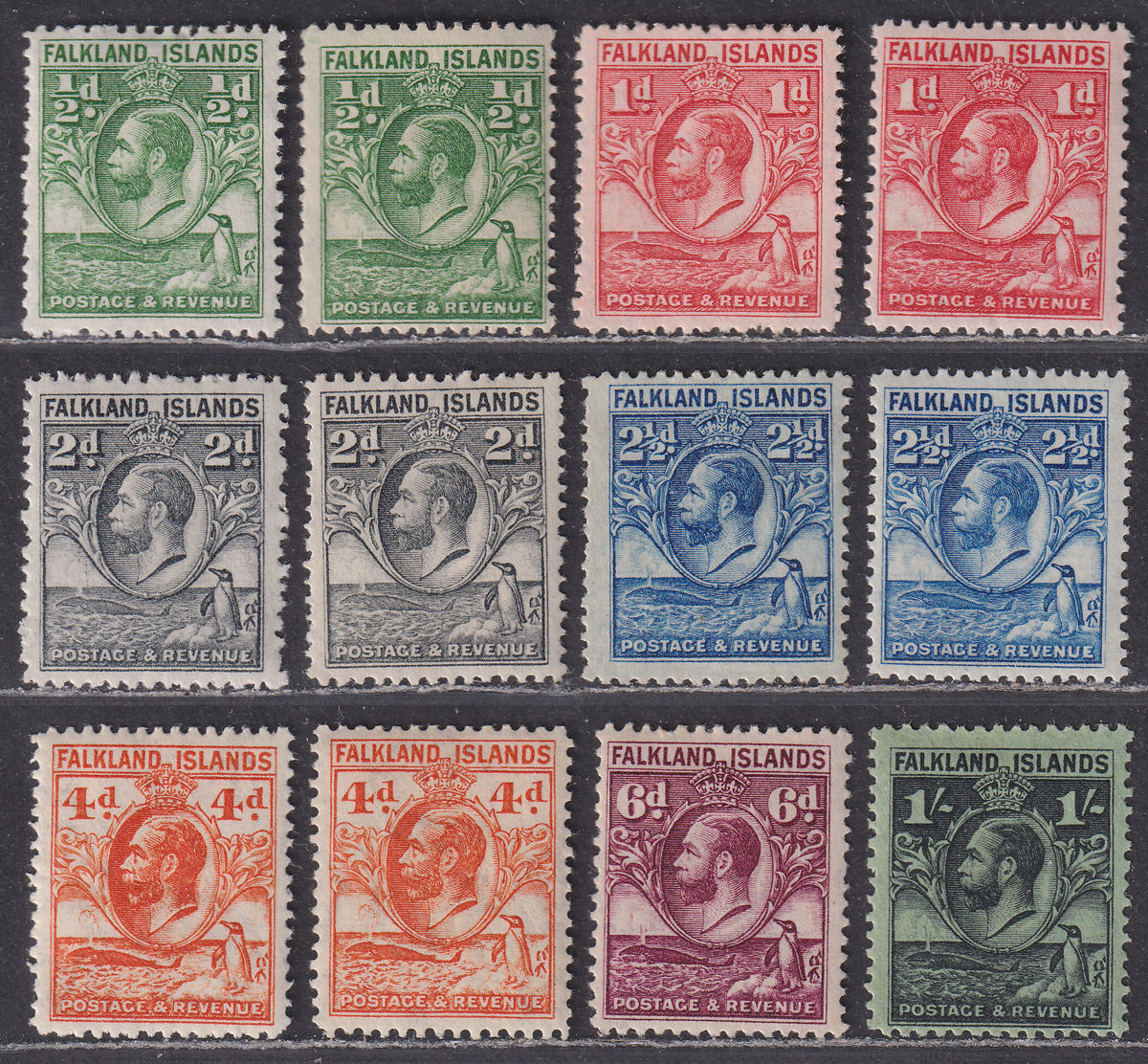 Falkland Islands 1929-37 KGV Fin Whale and Penguins Set to 1sh Mint SG116-122