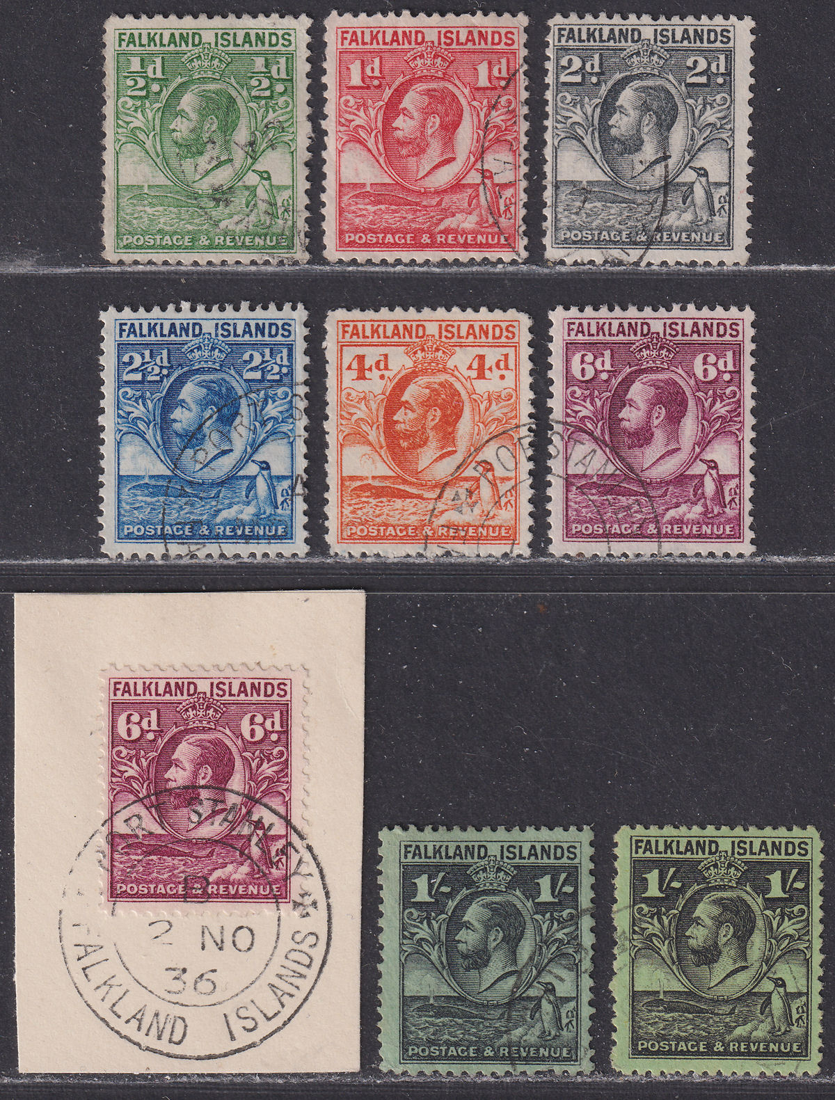 Falkland Islands 1929 KGV Fin Whale and Penguins Set to 1sh Used SG116-122