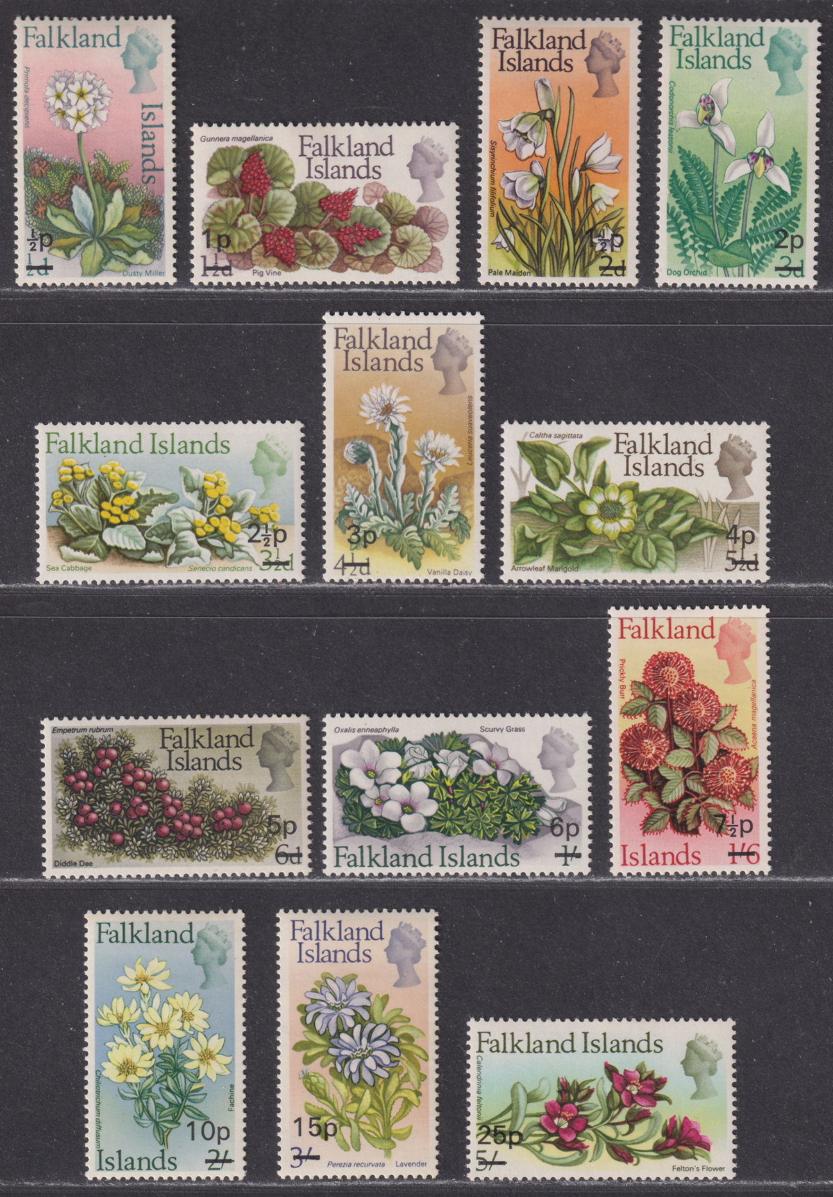 Falkland Islands 1971 QEII Flowers Surcharge Set Mint SG263-275 cat £25