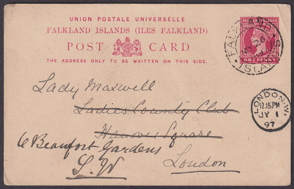Falkland Islands 1897 QV 1d Red Postal Stationery Postcard Used to UK