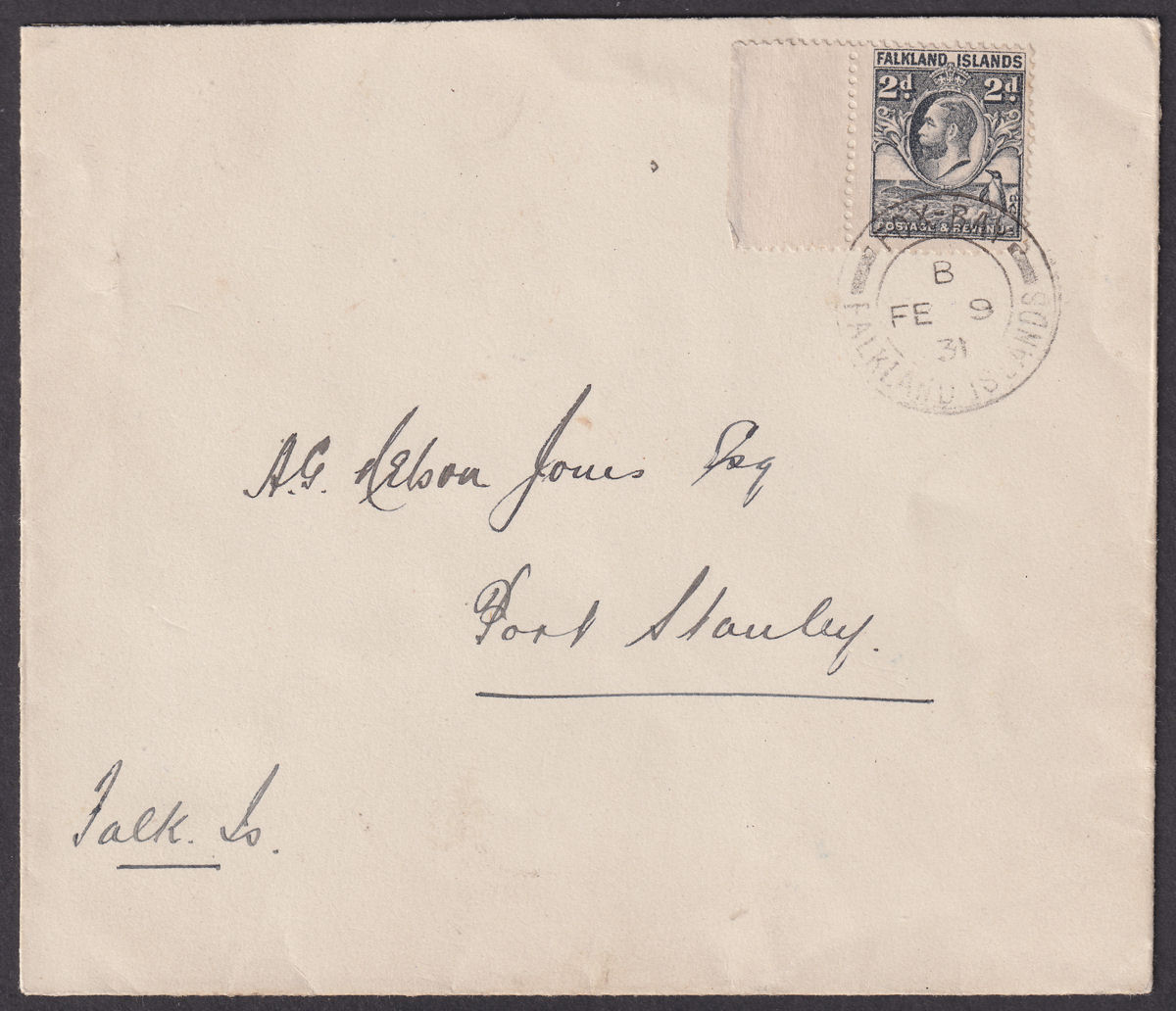 Falkland Islands 1931 KGV 2d Used on Cover FOX BAY to Port Stanley