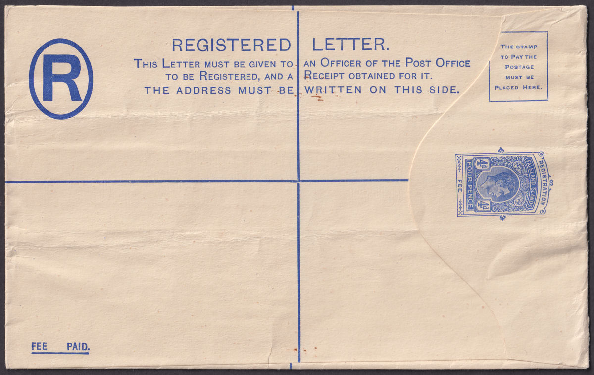 Falkland Islands 1939 KGVI 4d Type II Registered Postal Stationery Cover Unused