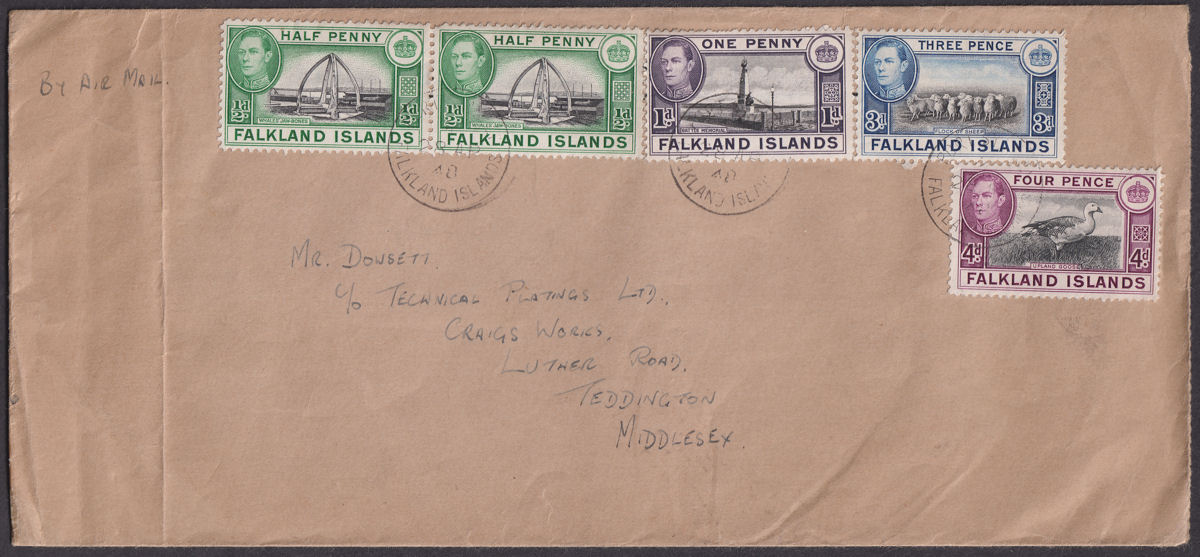 Falkland Islands 1948 KGVI 4d 3d 1d ½d x2 Used on Air Mail Cover to UK