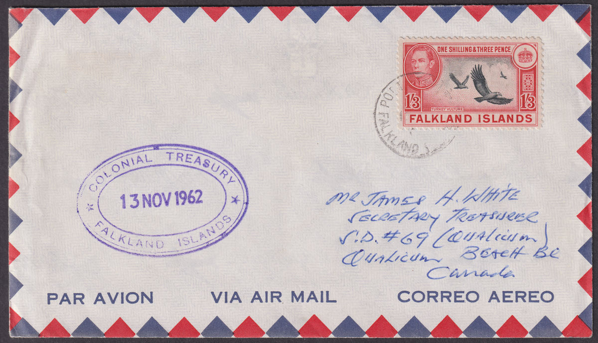 Falkland Islands 1962 KGVI 1sh3d Airmail Cover Canada - Colonial Treasury Cachet