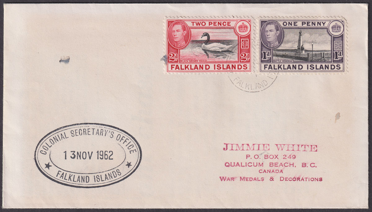 Falkland Islands KGVI 1962 2d, 1d Cover to Canada - Colonial Secretary's Office