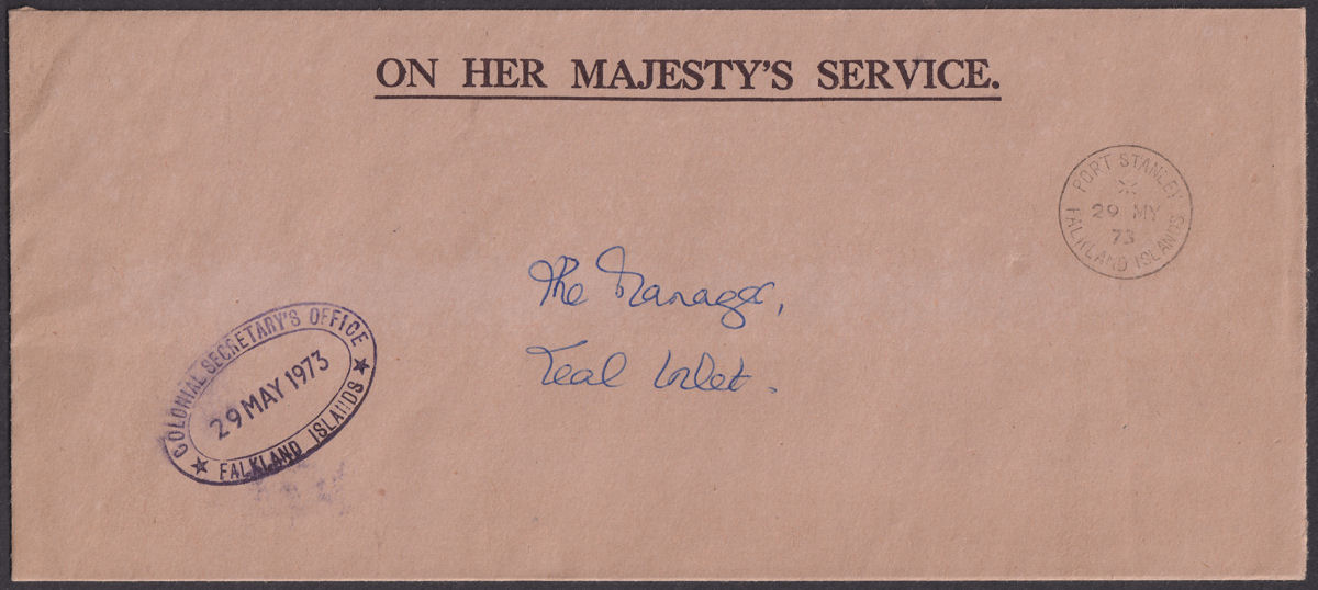 Falkland Islands 1973 Unstamped Official Cover Used -Colonial Secretary's Office