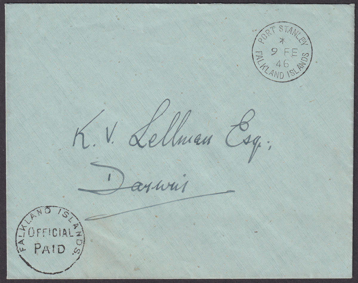 Falkland Islands 1946 Unstamped Cover Used Port Stanley to Darwin- Official Paid