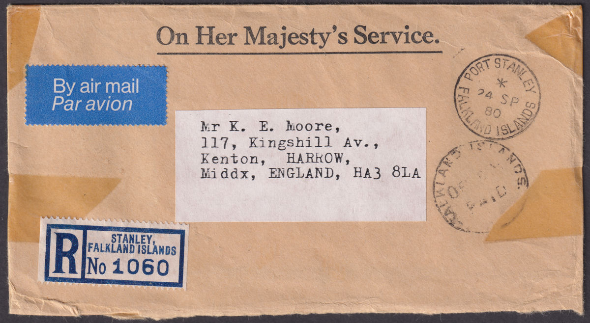 Falkland Islands 1980 Unstamped Registered Airmail Cover to UK - Official Paid