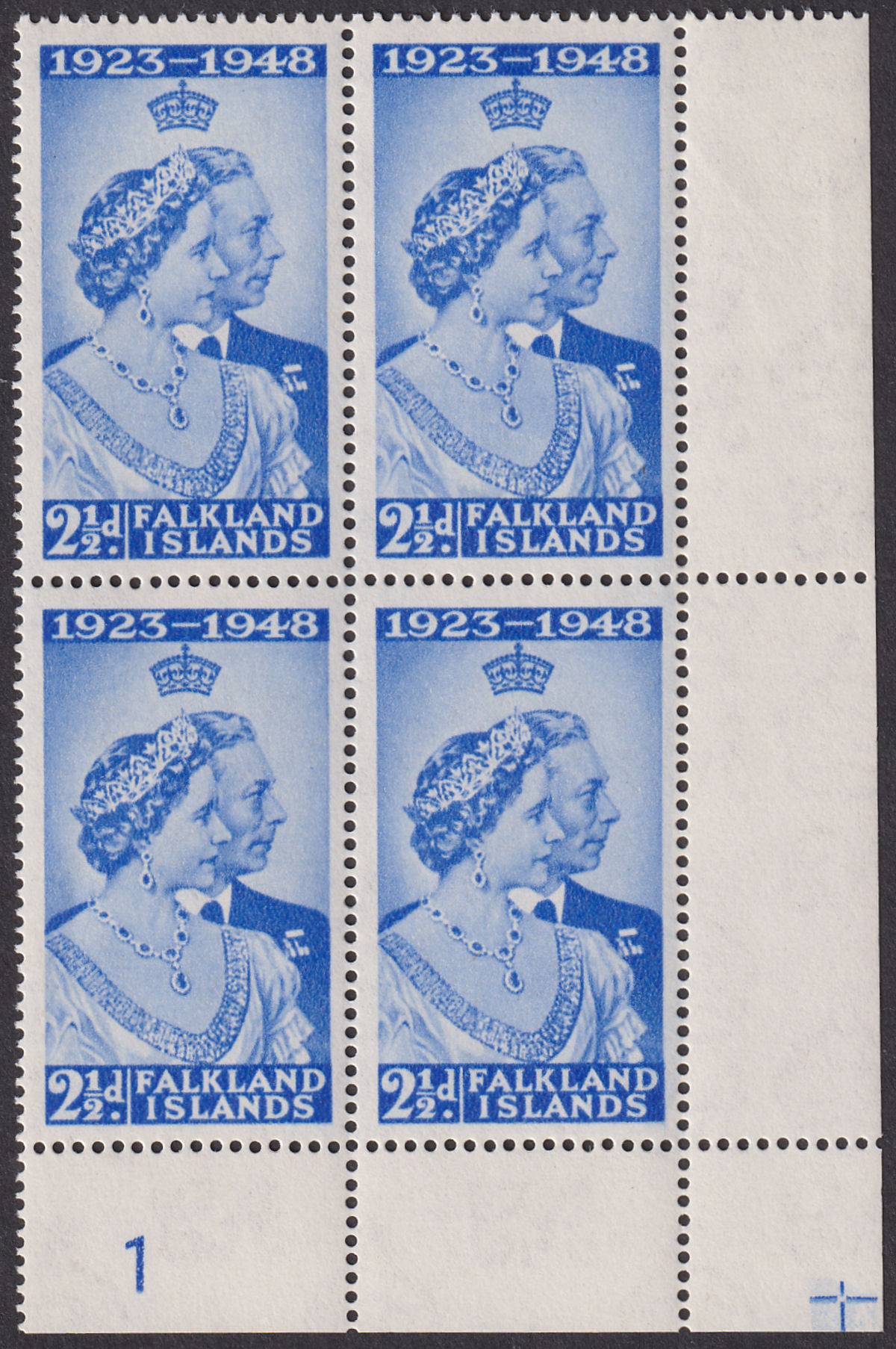 Falkland Islands 1948 KGVI Royal Silver Wedding 2½d Plate 1 Block Mint SG166
