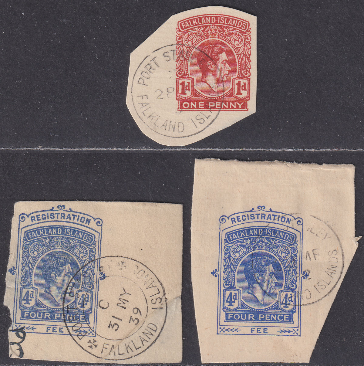 Falkland Islands KGVI 1d Red, 4d Blue Postal Stationery Envelope Cutouts Used