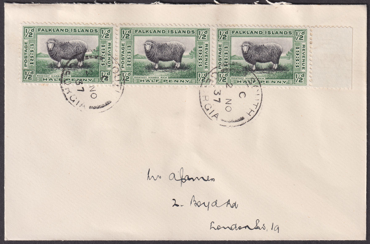 Falkland Islands 1937 KGV Centenary ½d x 3 Used Cover SOUTH GEORGIA Pmk SG Z54