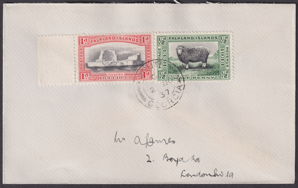 Falkland Islands 1937 KGV Centenary 1d ½d Used Cover SOUTH GEORGIA Pmk SG Z54-55