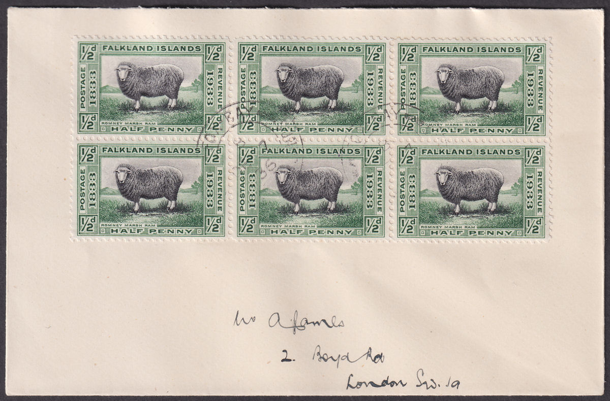 Falkland Islands 1936 KGV Centenary ½d x 6 Used Cover with FOX BAY Postmarks