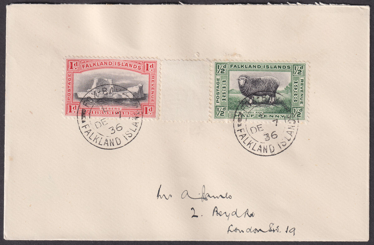 Falkland Islands 1936 KGV Centenary 1d, ½d Used Cover with FOX BAY Postmarks