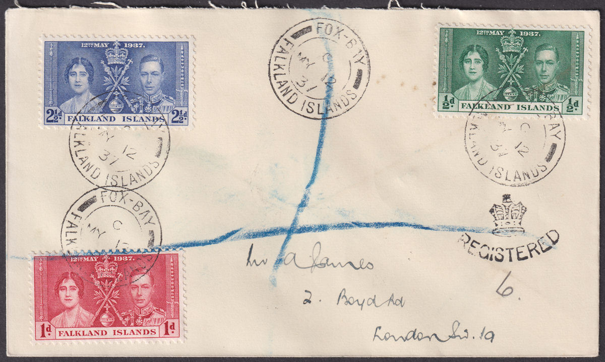 Falkland Islands 1937 KGVI Coronation Registered First Day Cover Used FOX BAY