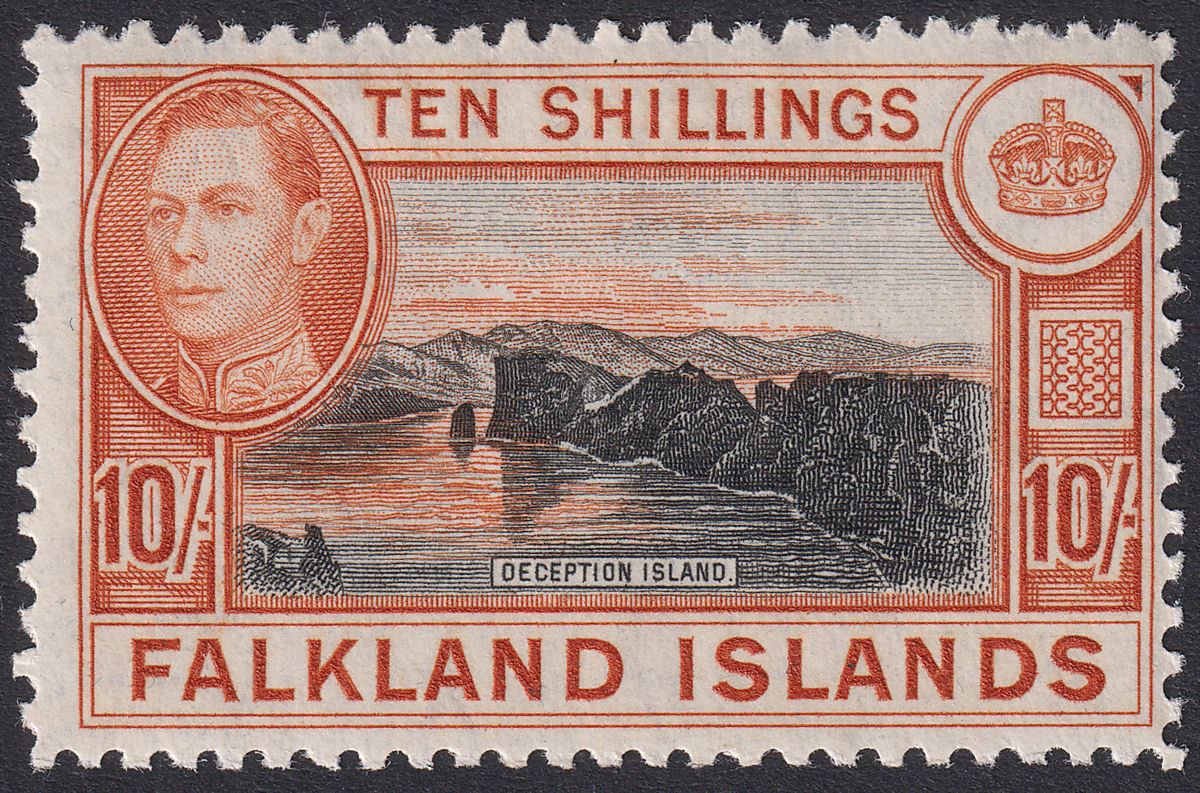 Falkland Islands 1949 KGVI 10sh Black and Red-Orange Mint SG162b cat £140