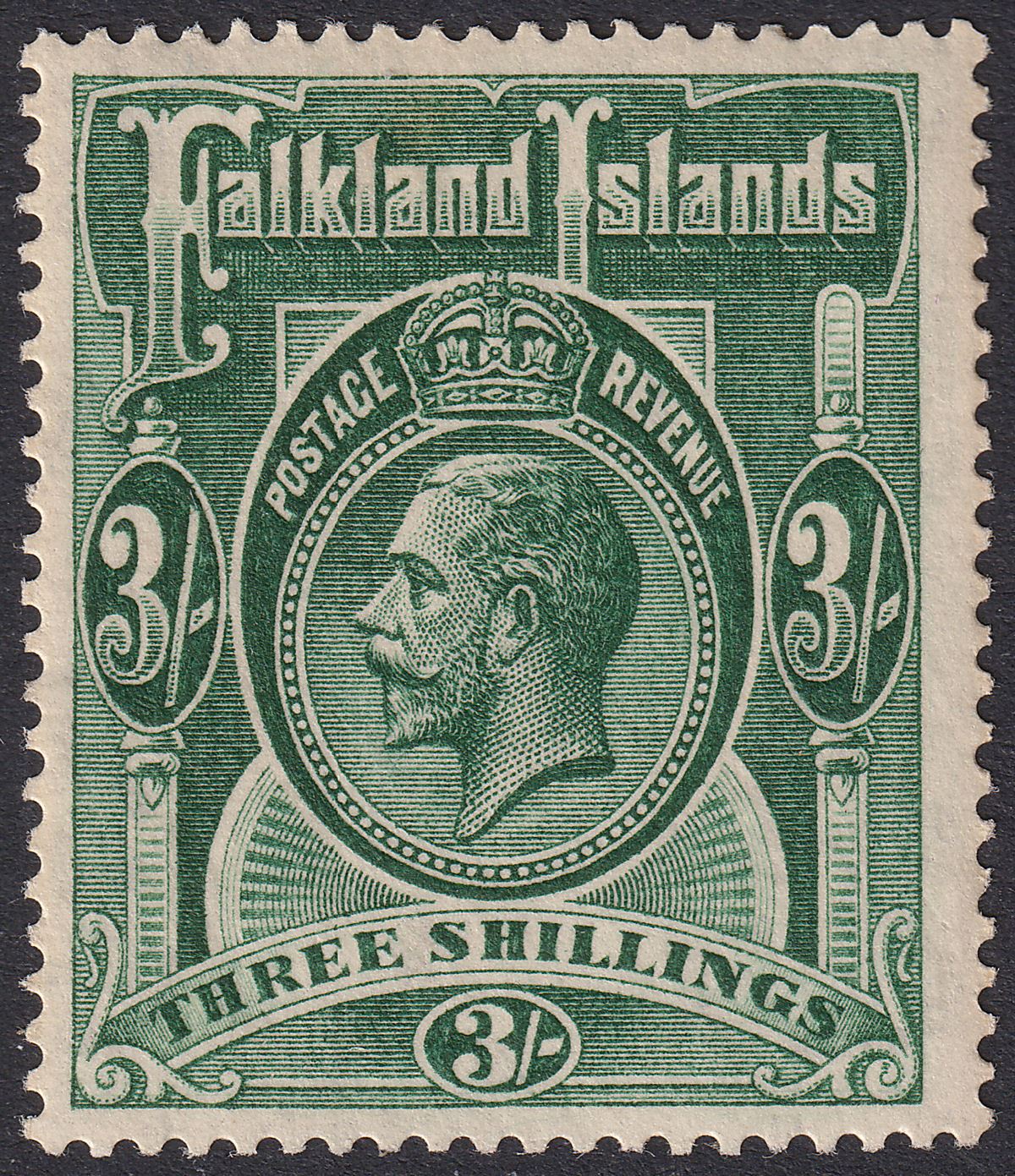 Falkland Islands 1923 KGV 3sh Slate-Green Mint SG80 cat £100 TONED