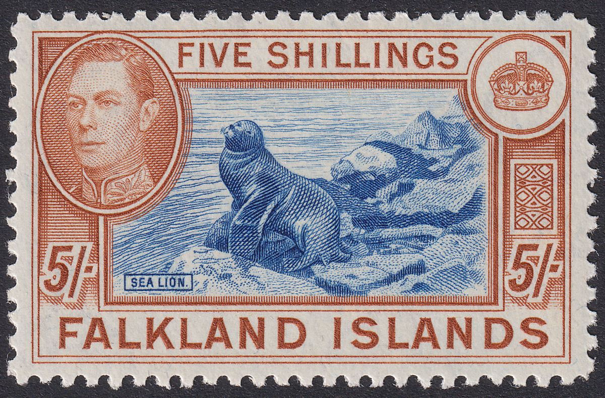 Falkland Islands 1949 KGVI 5sh Dull Blue and Yellow-Brown Mint SG161c cat £140