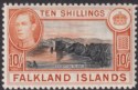 Click for more photos and details Falkland Islands 1942 KGVI 10sh Black and Orange Mint SG162a cat £350