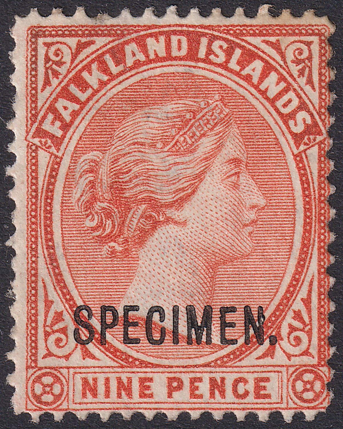 Falkland Islands 1895 QV SPECIMEN Opt 9d Reddish Orange Mint SG35s FAULTS