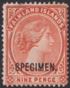 Click for more photos and details Falkland Islands 1895 QV SPECIMEN Opt 9d Reddish Orange Mint SG35s FAULTS