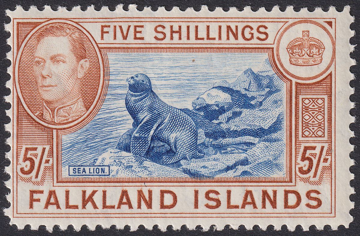 Falkland Islands 1938 KGVI 5sh Blue and Chestnut Mint SG161 cat £160